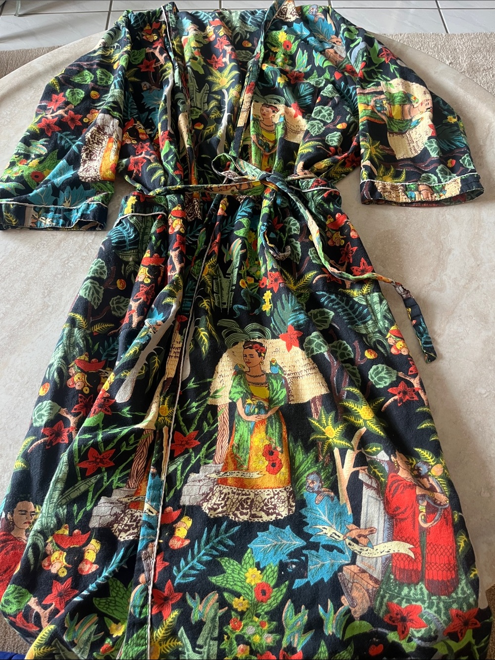 Black Tropical Floral & Figurative Kimono Robe